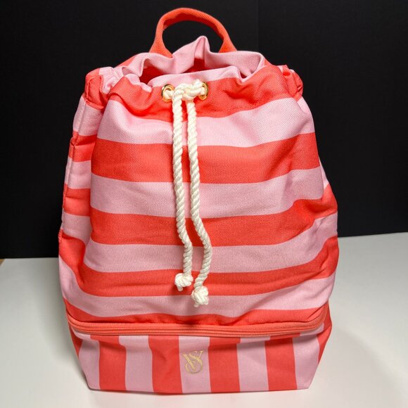 Victoria's Secret Handbags - Victoria Secret Backpack Cooler Pocket Beach Bag Logo Drawstring Stripped Pink